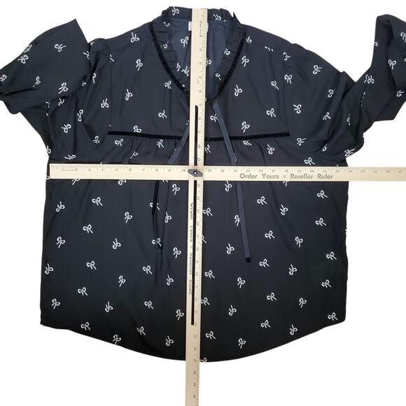 J Crew Velvet Tie Neck Top Bow Print Womens XL Black Ivory Blouse Long Sleeve - Picture 13 of 14